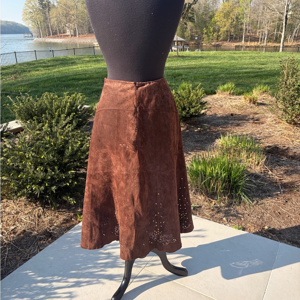 Coldwater Creek Brown Suede Leather Midi Skirt Western Boho Festival PM - Picture 3 of 5